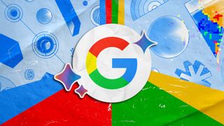 Scrapbook style image of a Google logo sticker with Bard and Gemini AI stars, on top of a Google-themed runway with a light blue background filled with various shapes.