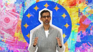 Punk Pop-Art, scrapbook styled image of Alphabet CEO Sundar Pichai standing in front of a European Union flag where each star has been replaced by the Google Gemini AI star symbol. The background is a colorful collage including depictions of the continent of Europe and American currency.