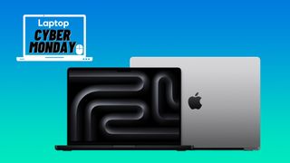 MacBooks facing forwards and backwards to show Apple logo on a gradient blue and green background with a Cyber Monday deals banner in the upper-left corner.