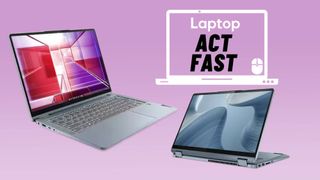 Lenovo IdeaPad Flex 5i laptop against purple gradient background