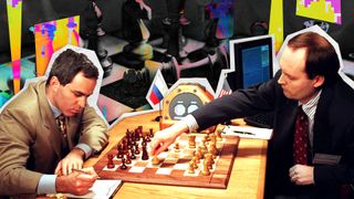 Scrapbook-style collage showing photograph of IBM scientist Murray Campbell (R) making a move for the IBM Deep Blue computer in a game 04 May in New York against World Chess Champion Garry Kasparov (L). The monitor at rear on table relays the computers&#039; moves to Campbell. Kasparov, making a record of the move, won the first game on 03 May and leads the match,1-0. The photo is presented above a punk pop-art image of a chessboard.